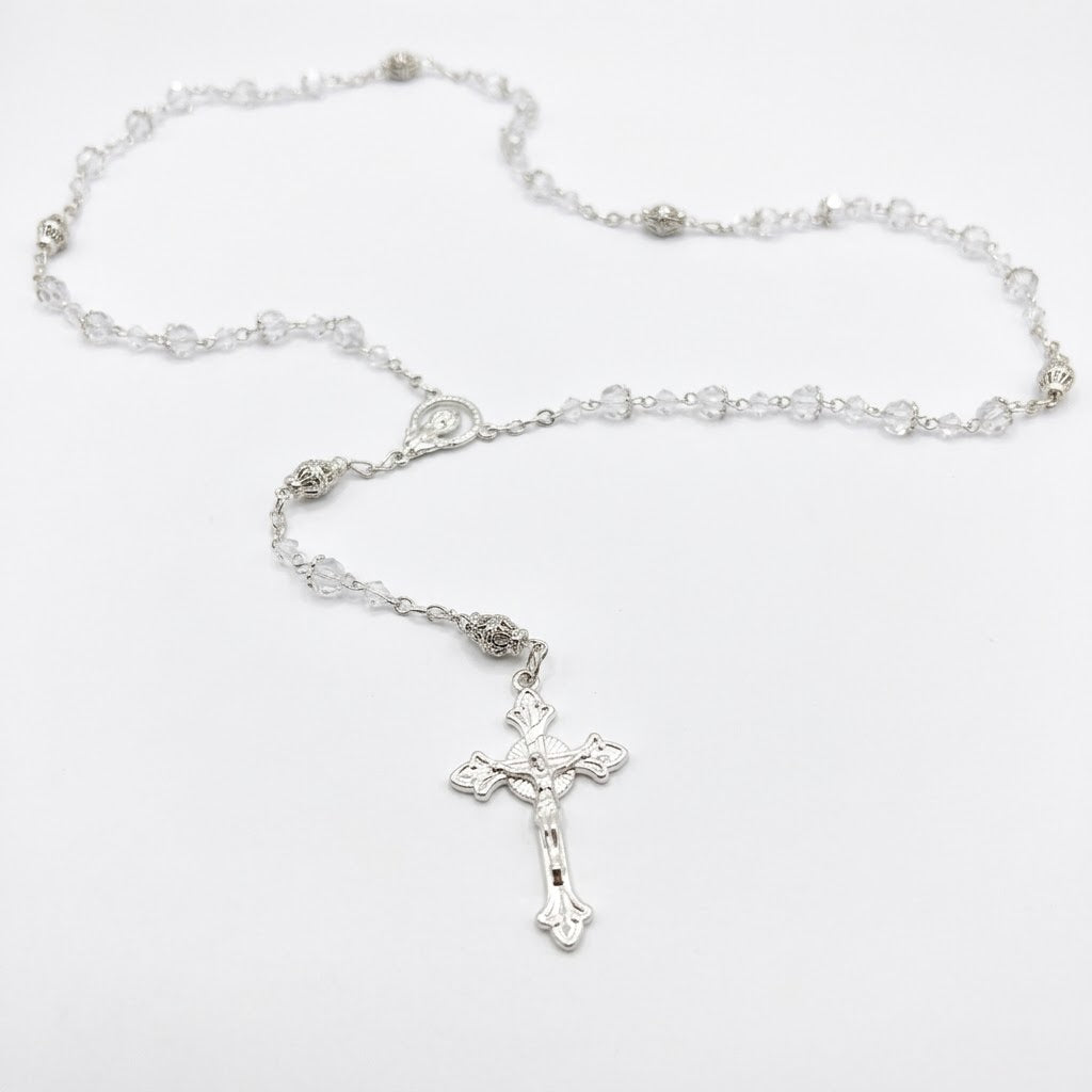 Rosario cristal plata cruz mediana