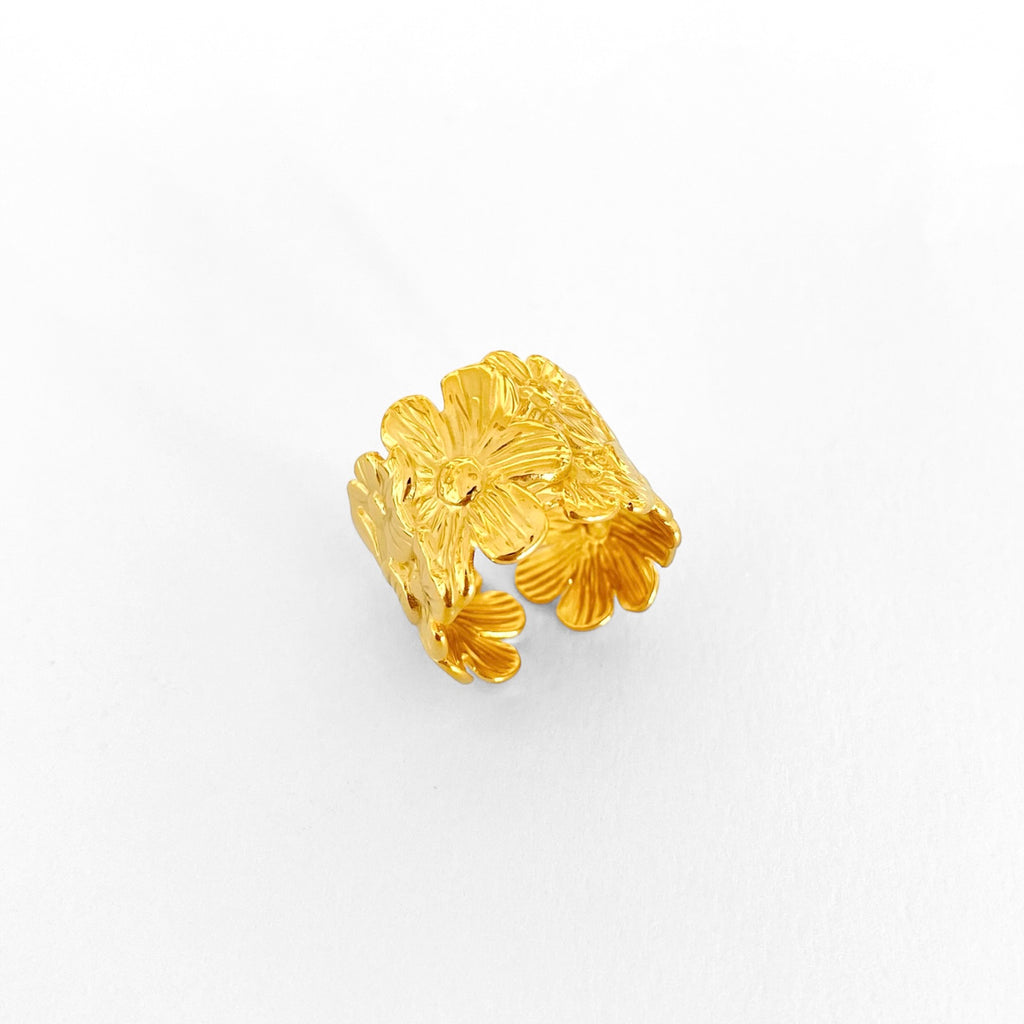 Anillo flores dorado grueso