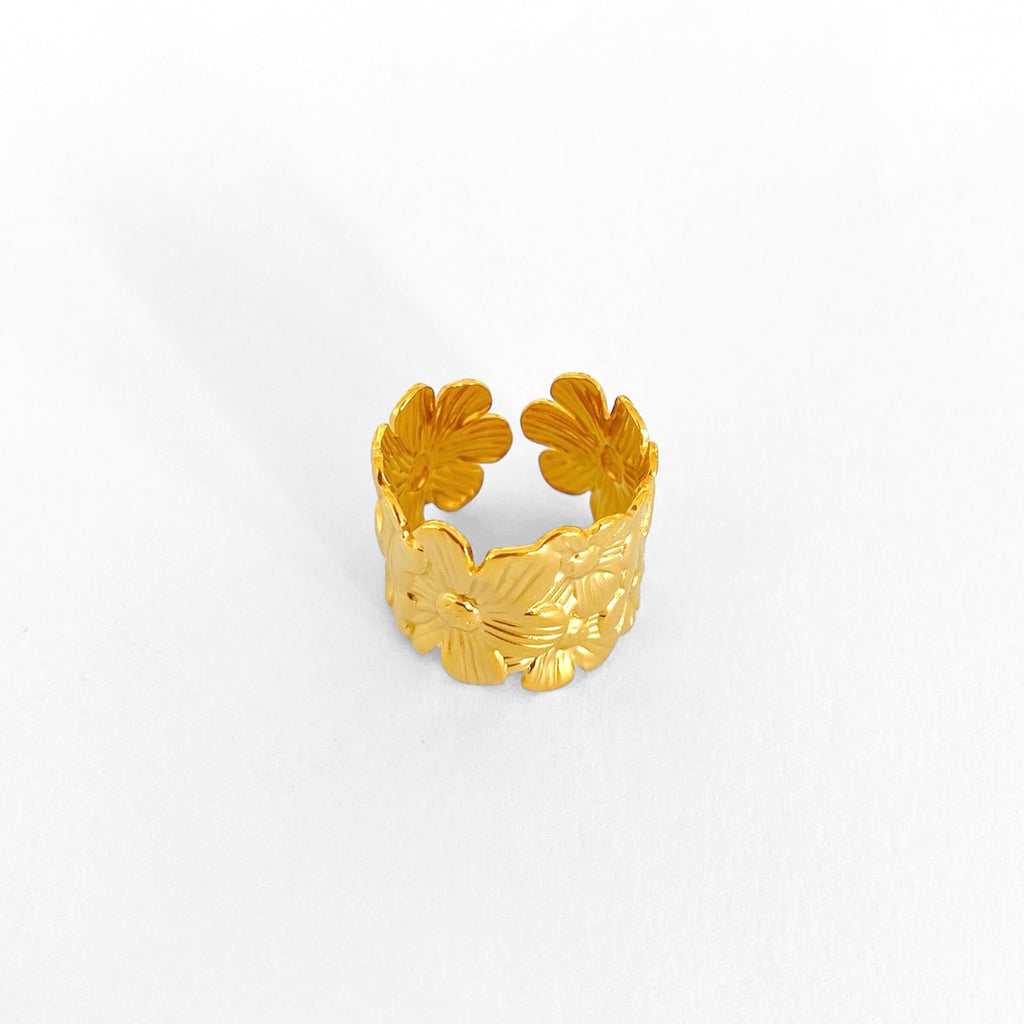 Anillo flores dorado grueso