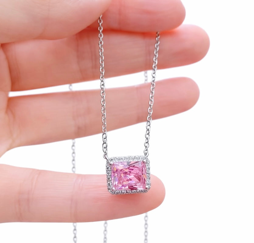 Cadena plata piedra rosa